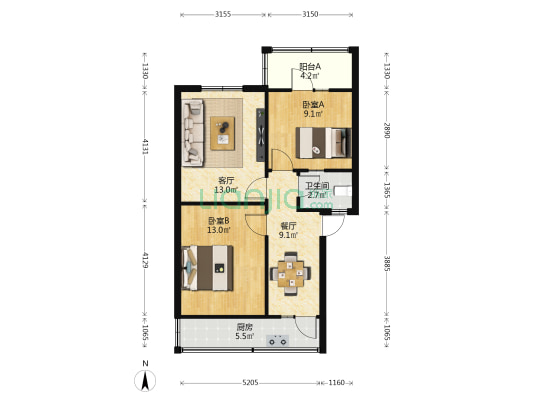 皇城堰街23号 2室2厅1卫 58平方
