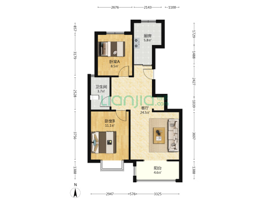 天地新城 精装婚房 大2居 南北通透 一梯两户 高楼观景-户型图