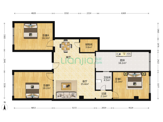 红桥公寓 3室1厅1卫 116平方