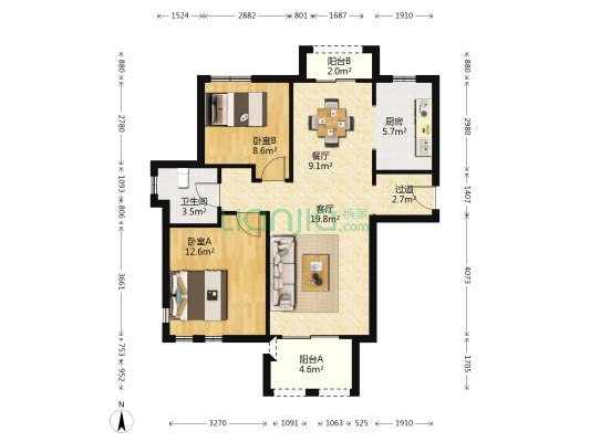 同润蓝美俊庭 2室2厅1卫 92平方