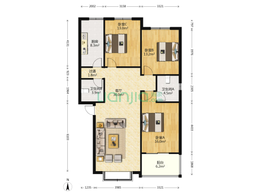 南湖花园 3室1厅2卫 127平方
