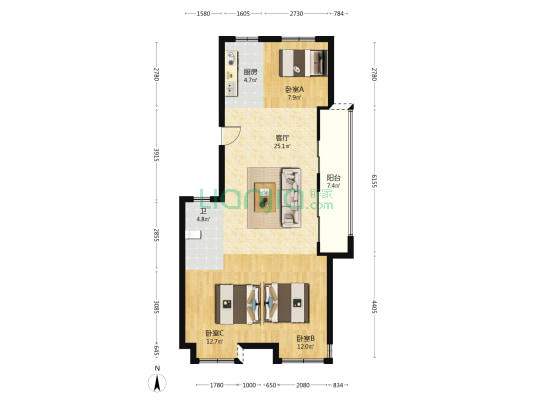 园湖新苑 3室1厅1卫 89平方