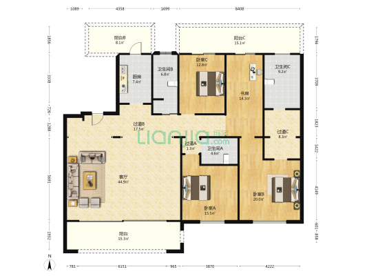 复地御钟山三期 4室1厅3卫 210平方