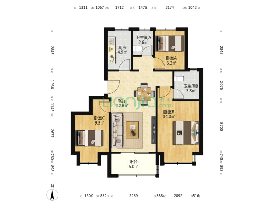 山语境府 3室1厅2卫 89平方