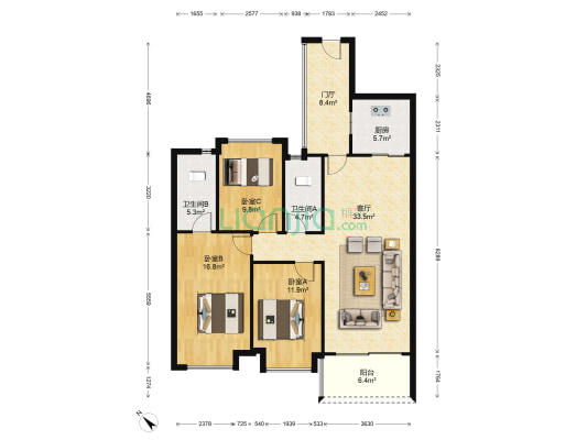 恒丰豪庭 3室1厅2卫 108平方