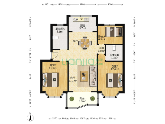 时代阳光小区东区 3室1厅2卫 97平方