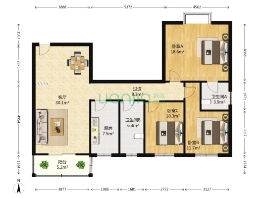 海荣豪佳花园 3室1厅2卫 127平方