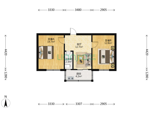 解放路288号院 2室1厅1卫 53平方