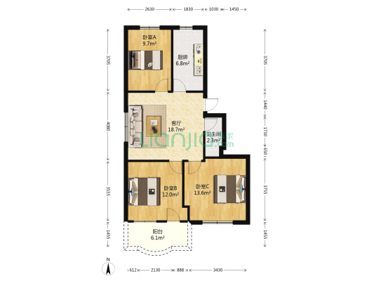 中亭街利生苑 3室1厅1卫 83平方