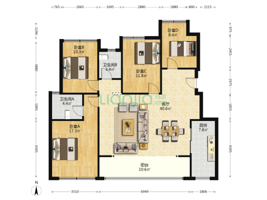 中交中央公园臻颂 4室1厅2卫 122平方