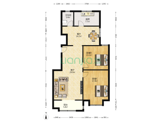 信圆居 2室2厅1卫 114平方
