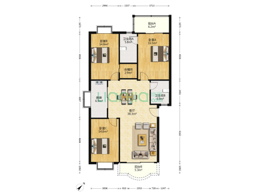 三角路新村 3室1厅2卫 134平方