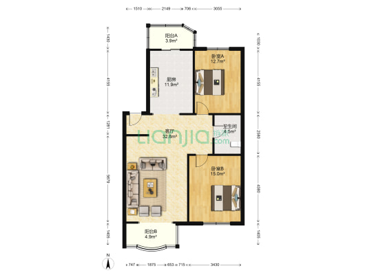 如意名珠 2室1厅1卫 108平方