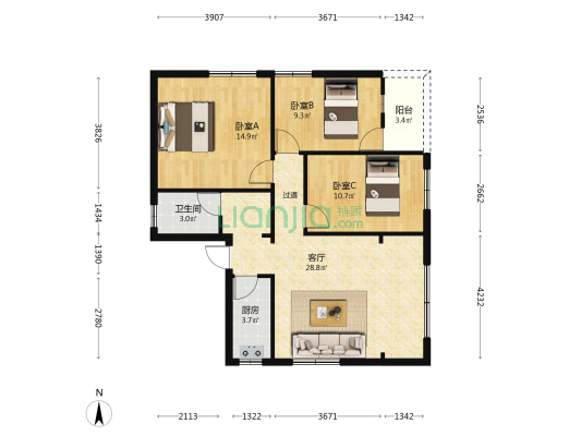 华桂新村 3室1厅1卫 96平方