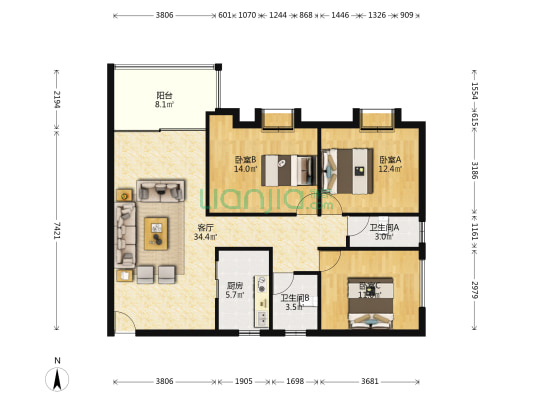 华美居 3室1厅2卫 115平方