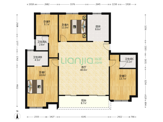 绿地湖语墅一期 4室1厅3卫 146平方