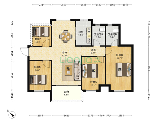 奥园尚雅花园二期 4室1厅2卫 116平方