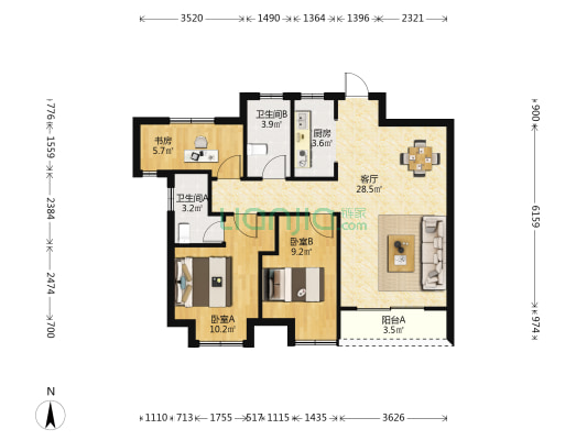 君华水岸 3室1厅2卫 89平方