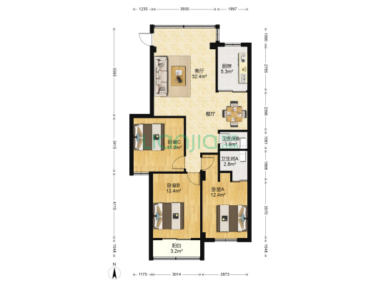 吉元小区一区 3室1厅2卫 94平方