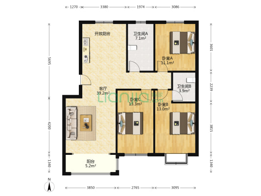 东城花园 3室1厅2卫 117平方