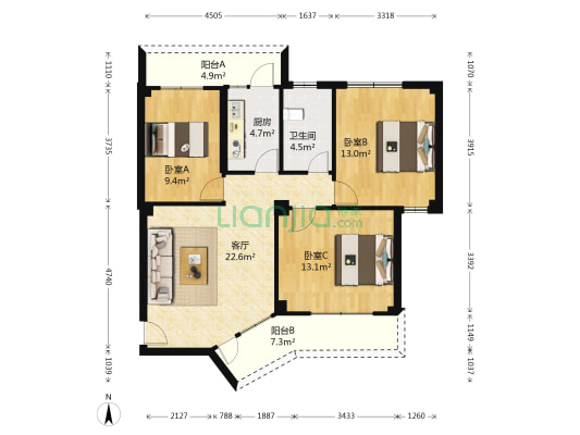 中新花园 3室1厅1卫 85平方