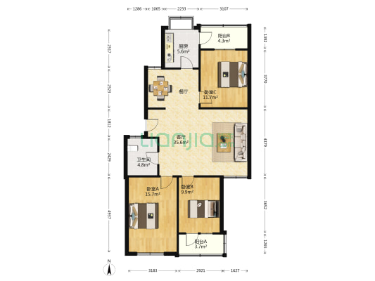 政七街27号院 3室1厅1卫 102平方