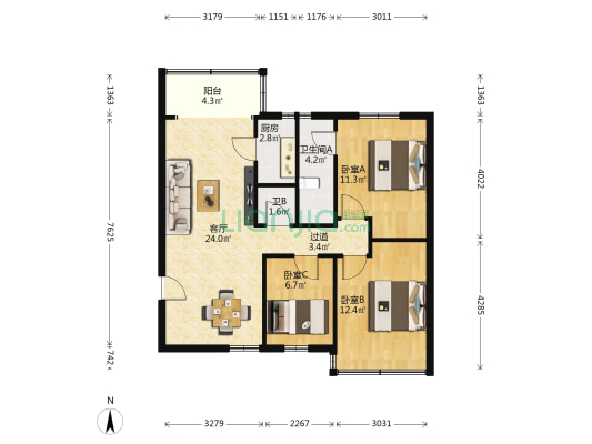 政通路(白云) 3室1厅2卫 81平方