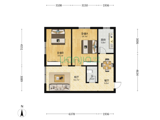 石板场2号 2室2厅1卫 80平方