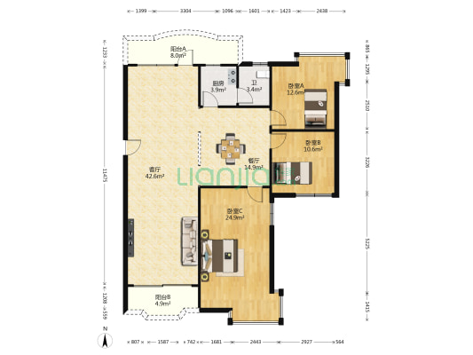 天河北商住楼 3室2厅1卫 150平方