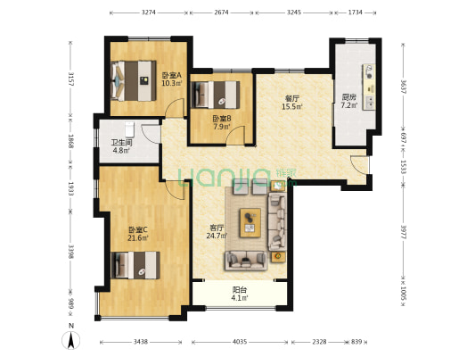 房本满二 南北向3居 户型方正 全天采光-户型图
