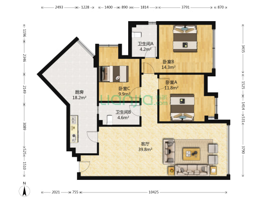 东城华府B区 3室1厅2卫 109平方