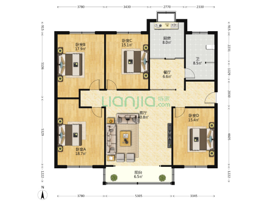 康西商住楼 4室2厅1卫 162平方