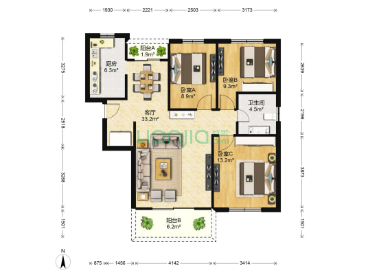 欧风家园南区 3室1厅1卫 104平方