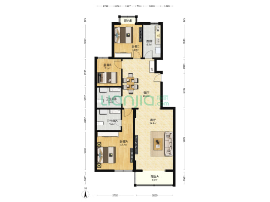 金桥国际 3室2厅2卫 131平方