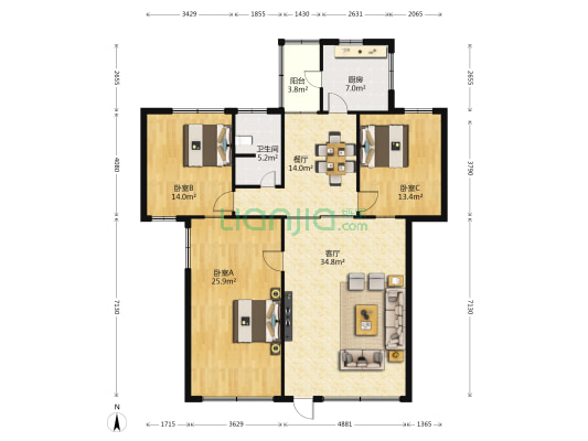 规划局宿舍 3室2厅1卫 119平方
