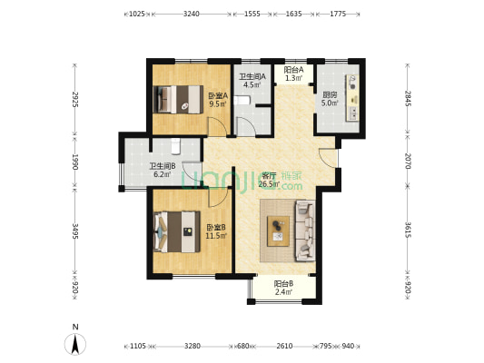 金玉一园 2室1厅2卫 102平方