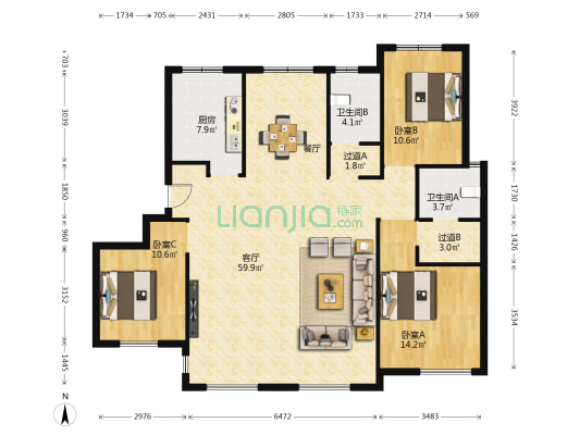 鑫江·桂花园 3室1厅2卫 152平方