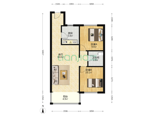 中海·时代 2室1厅1卫 115平方