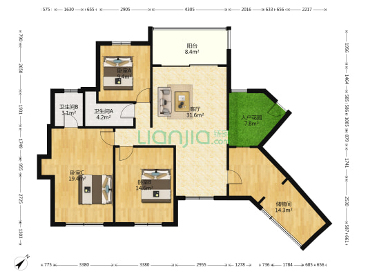 锦江丽都 3室1厅2卫 147平方