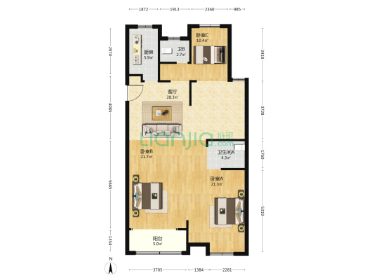 沙川名都 3室1厅2卫 125平方