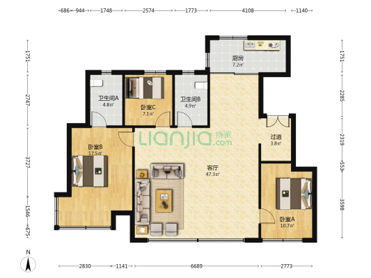 即墨万达广场 3室1厅2卫 132平方