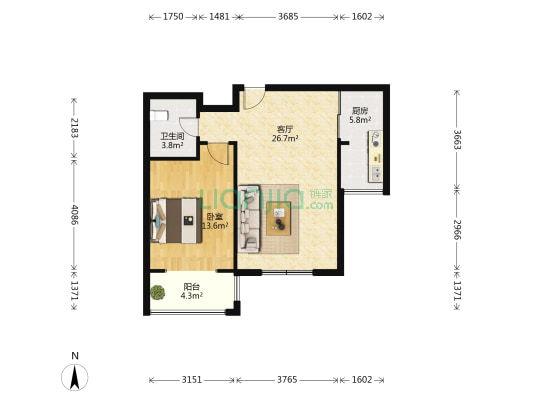 美寓天城北区 1室1厅1卫 63平方