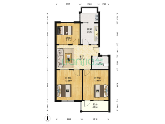 财源办事处机关宿舍 3室1厅1卫 86平方