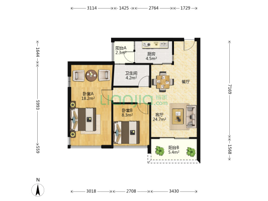 红日江景 2室1厅1卫 80平方