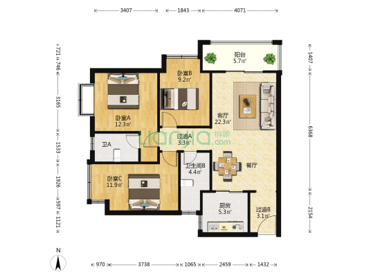大华公园天下东湖苑 3室1厅2卫 106平方