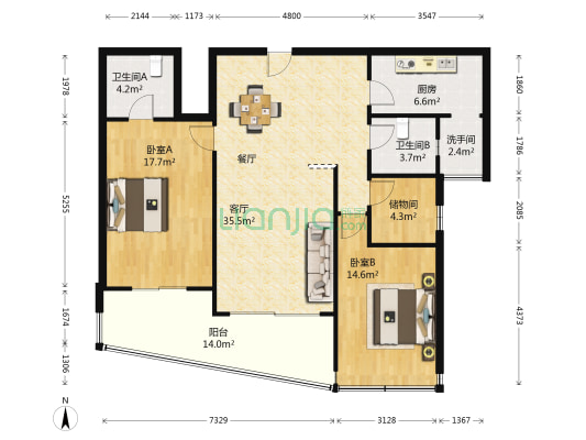高教公寓 2室1厅3卫 130平方