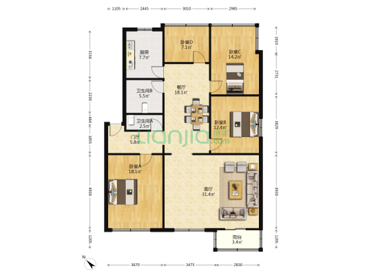 恒德路6号 4室2厅2卫 148平方