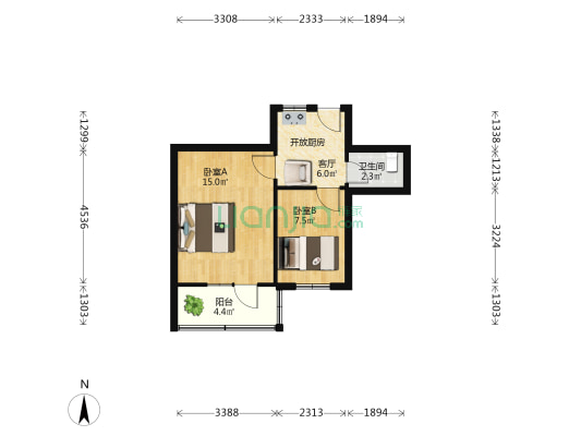 汉府街1号 2室1厅1卫 43平方