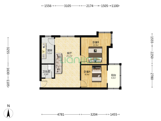 毛坯房，户型方正，房本满五唯一，客厅卧室宽敞明亮-户型图