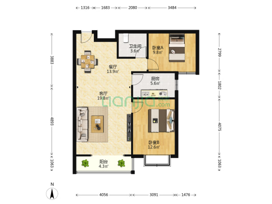 北岸新居 2室2厅1卫 95平方